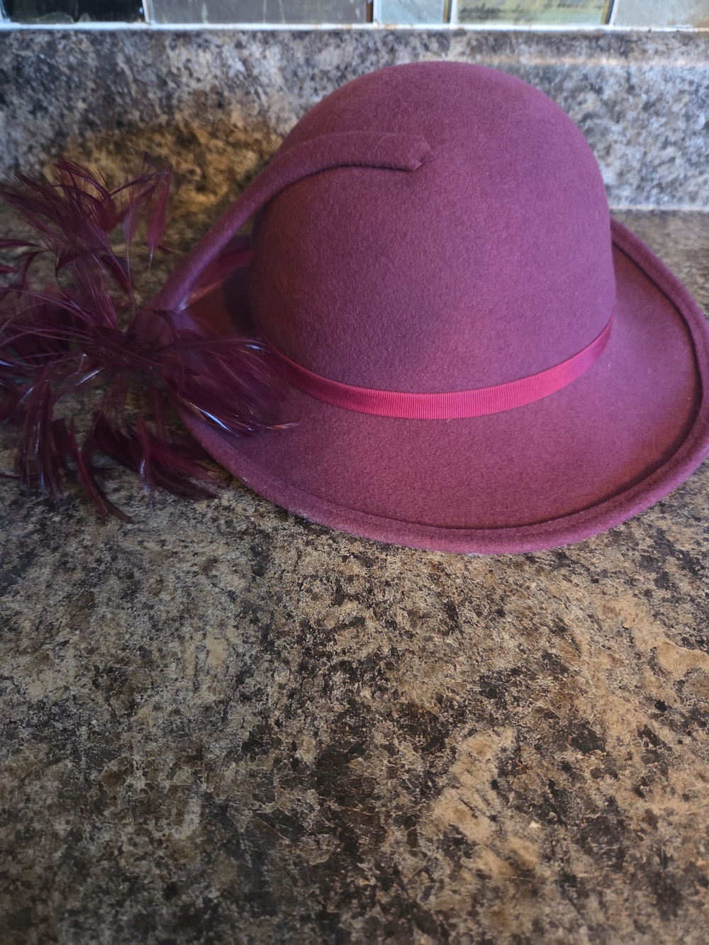 VTG Women’s Burgundy Wool Felt Cloche Hat with Feather Trim Dress Derby Church